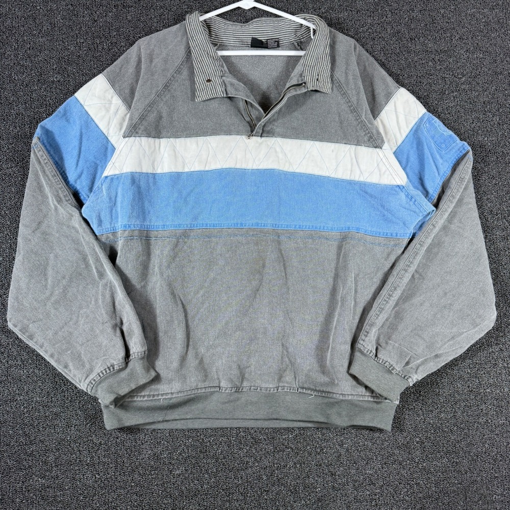 Vintage 90s Gotcha Mens M Denim Pullover Sweatshirt Grey Blue Colorblock 1/4 Zip
